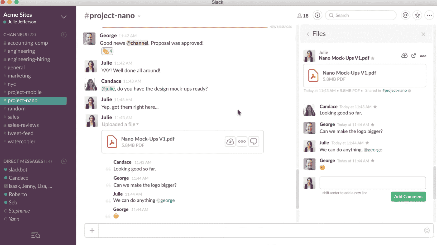 An example of a team chat in Slack