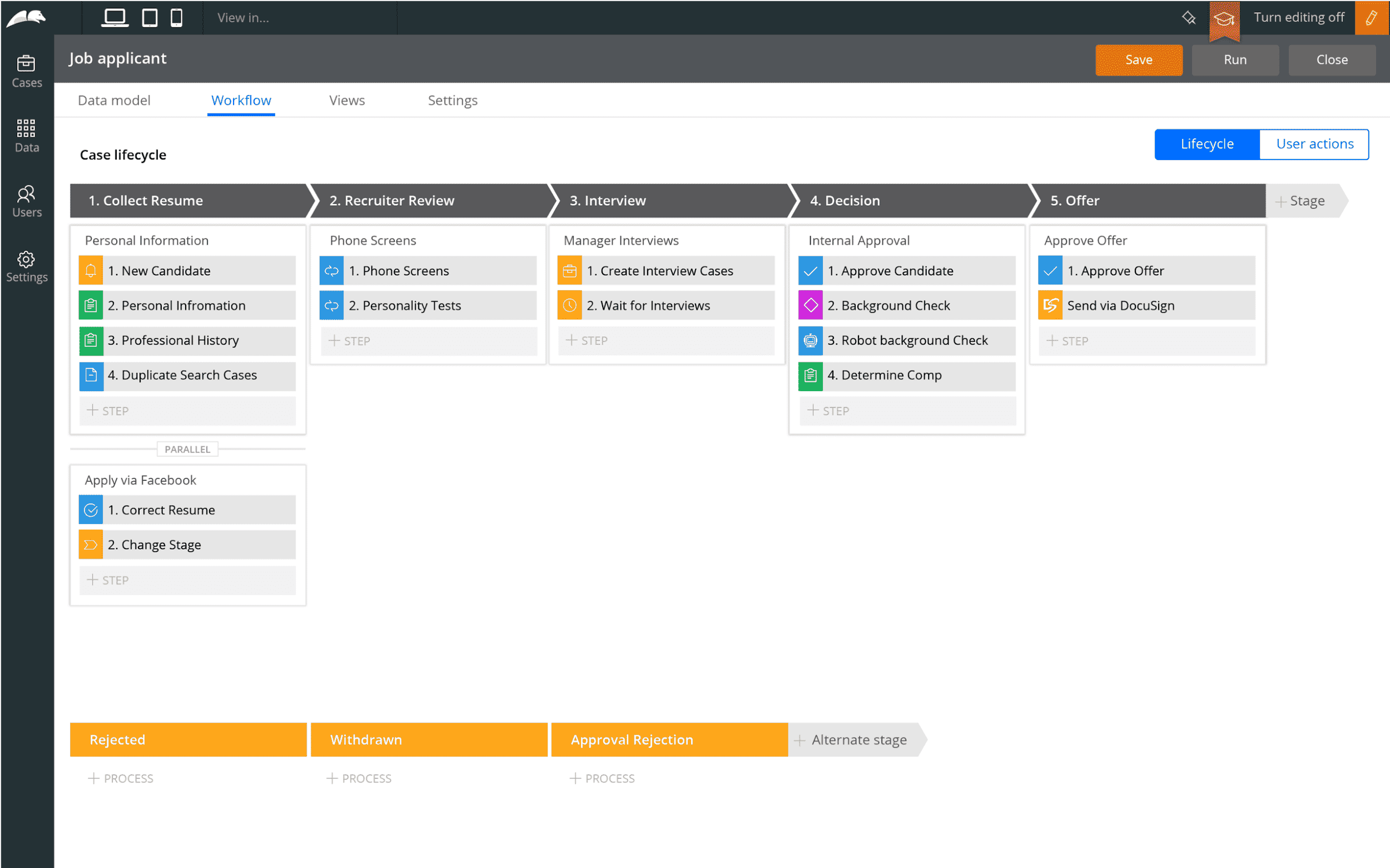 Pega software dashboard with tasks