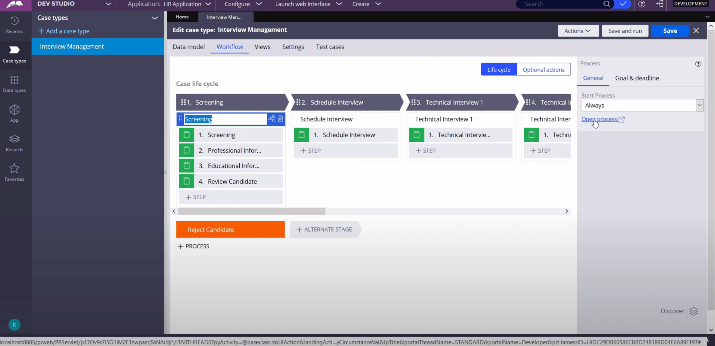 dashboard with process steps