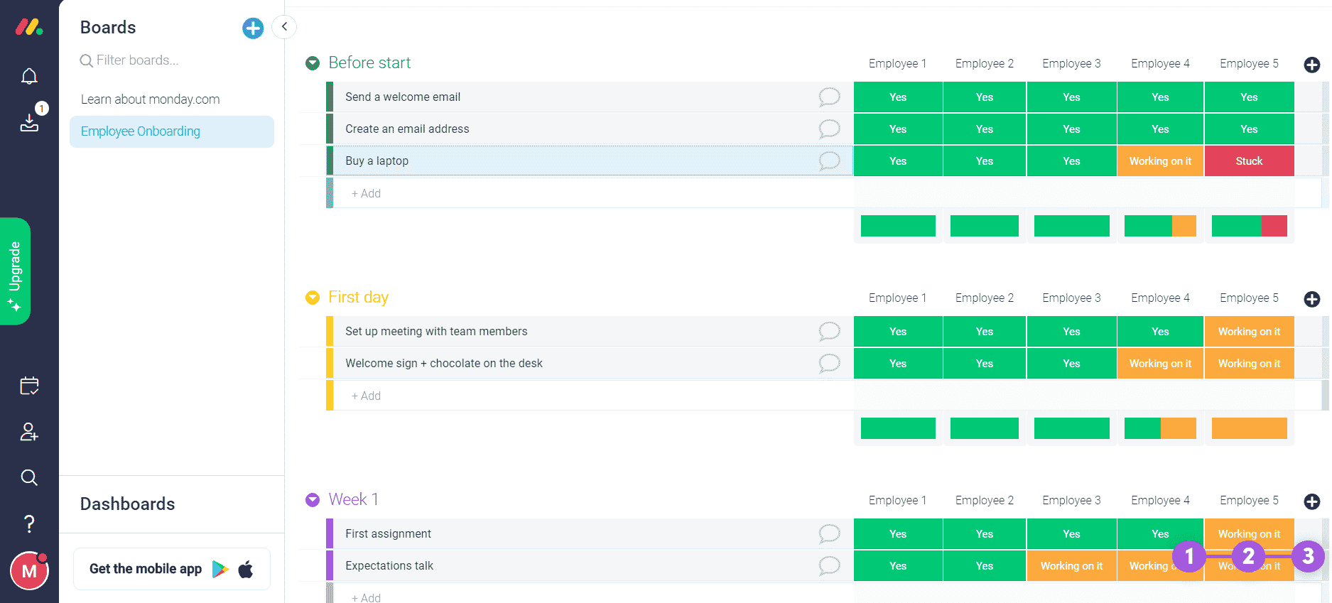 Monday will help you track the process of employee onboarding through a convinient dashboard