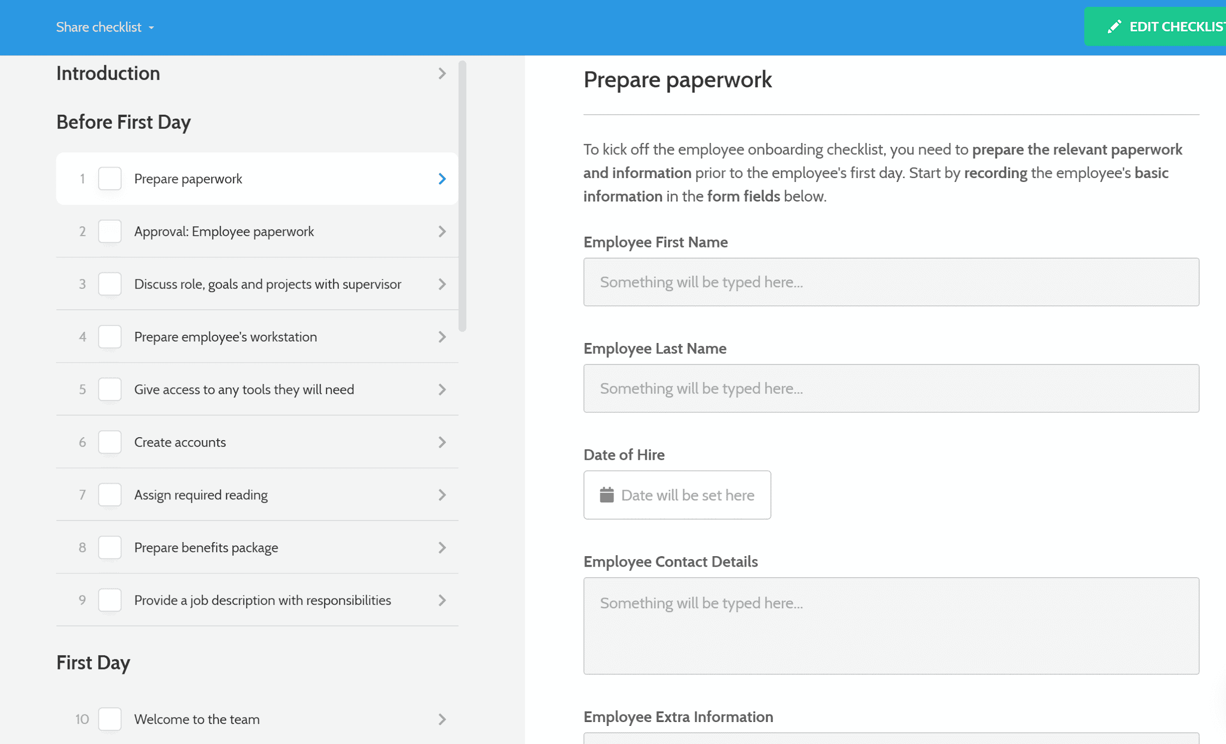 sop in the form of a detailed checklist